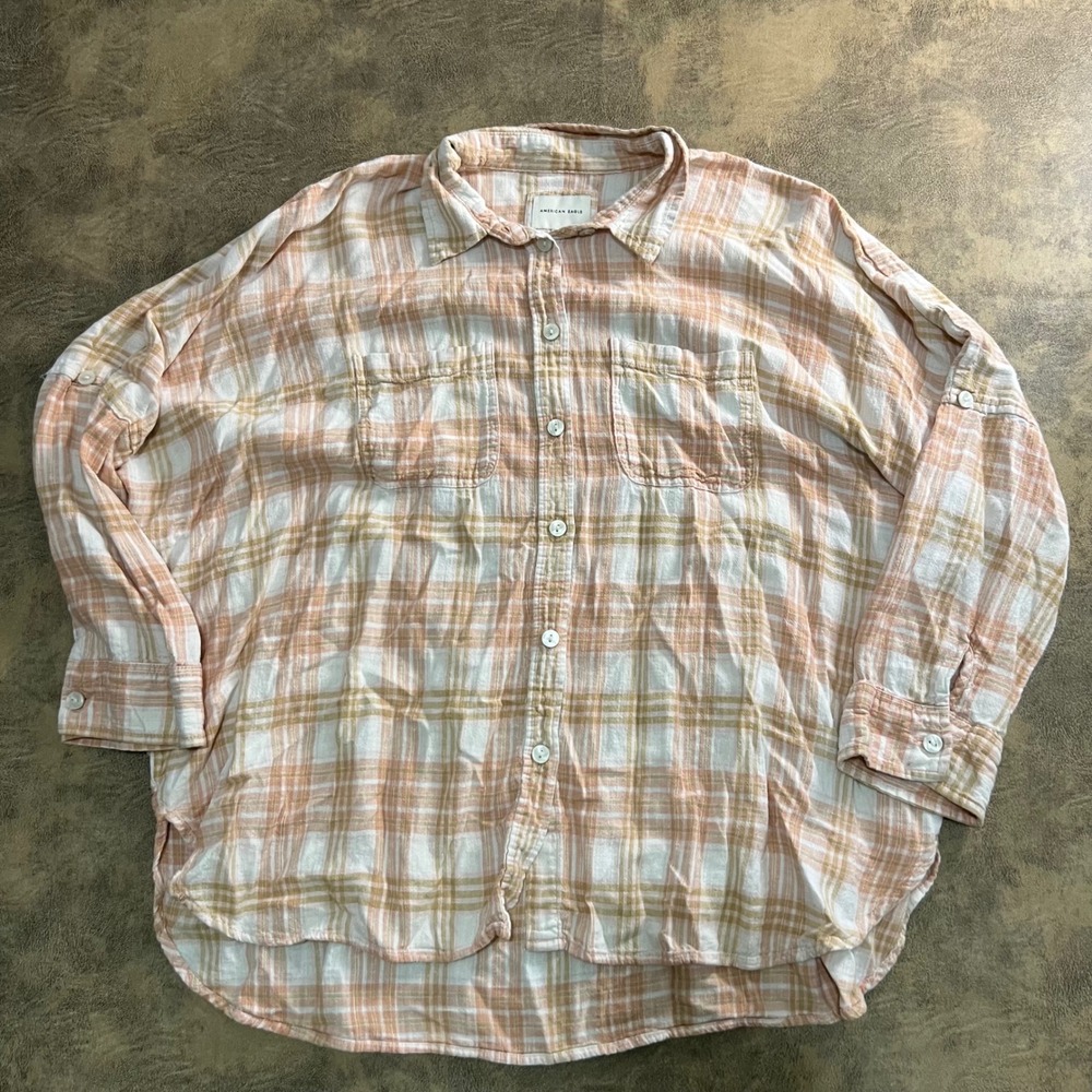 American Eagle Button Down Shirt Womens Small‎ Peach Plaid Linen Blend Oversized
